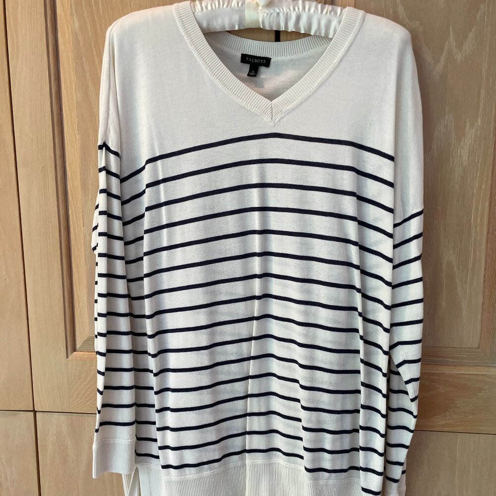Talbots Long-Sleeve V-Neck Sweater, Cream with Navy Stripes
